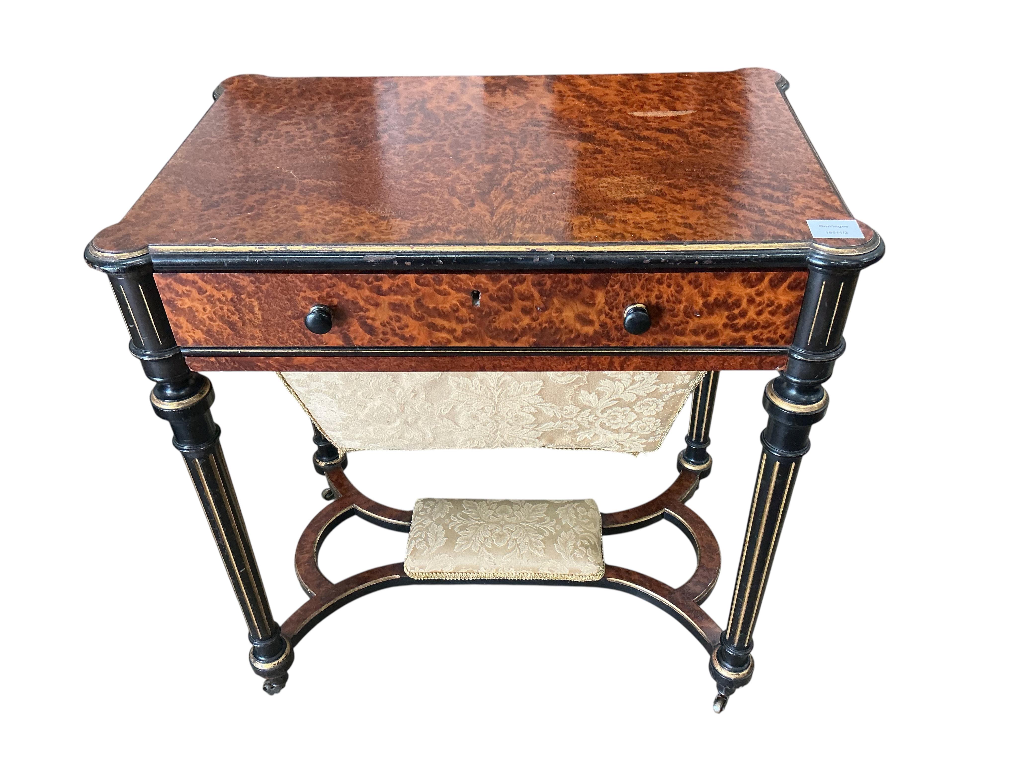 A late 19th century parcelgilt and ebonised amboyna work table, width 68cm, depth 44cm, height 72cm